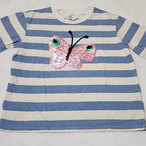 H&M Girls Striped Blue & Pink Butterfly Flip Sequin T-shirt Size 6x/7